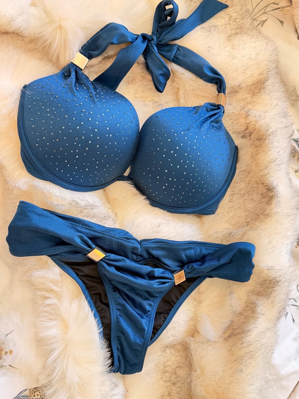 Victoria's Secret Bombshell Deep Blue Halter Bikini with Crystals  - 32DD / XS
